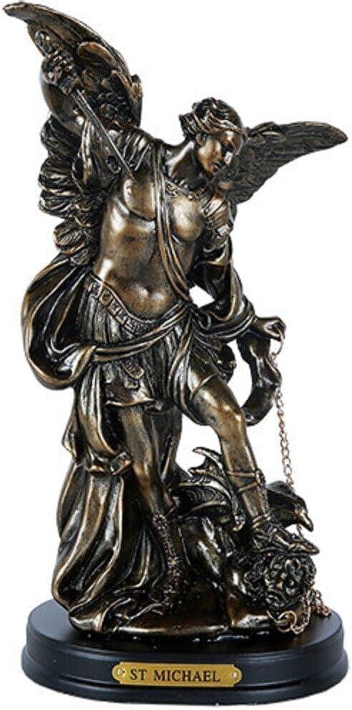 Pacific Giftware St. Michael San Miguel The Great Protector Archangel Defeating Lucifer Figurine on Wooden Base with Brass Name Plate Polyresin Home Decor 8.13" H