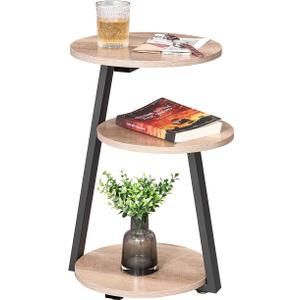 BEWISHOME Round End Table Side Table with Metal Frame, Accent Table Nightstand Bedside Table with 3-Tier Shelves, Small Couch Coffee Table for Living Room Bedroom Greige KTZ41G