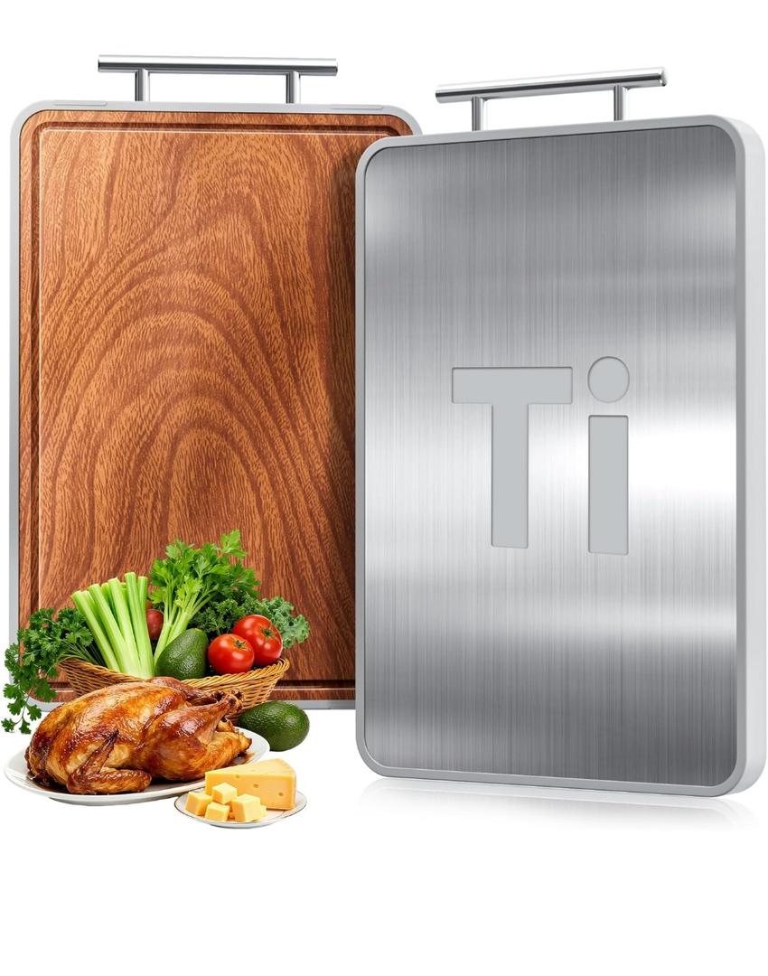 Titanium Cutting Boards For Kitchen,Ebony Wood Cutting Board,Double Sided Metal Chopping Board With Handle And Juice Groove, Idea Kitchen Appliances For Meat And Charcuterie