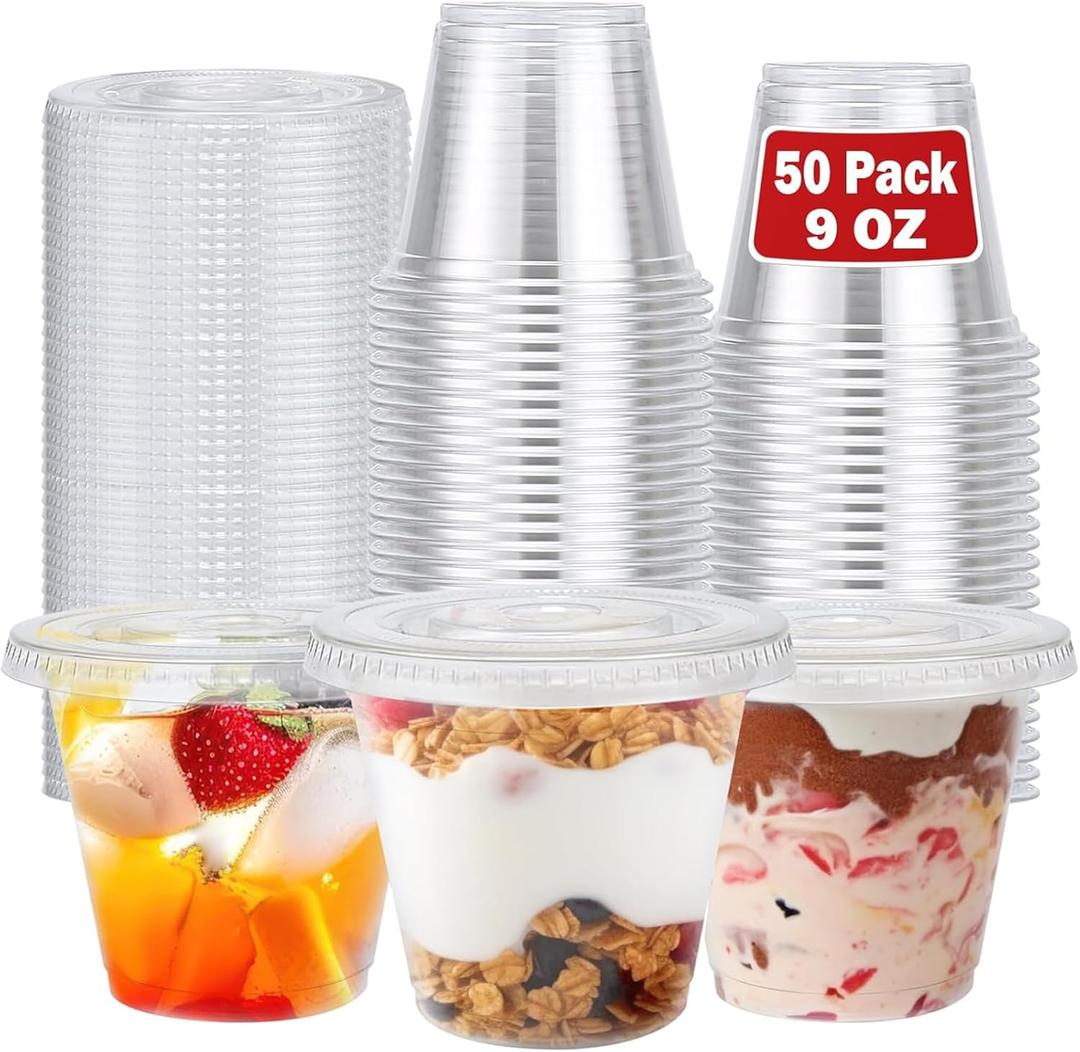 50 Pack 9 oz Disposable Clear Plastic Parfait Cups with Flat Lids, Yogurt Parfait, Putting Cups for Cake, Cold Drink, Ice Cream, Fruit, Salad | Disposable, Flat Lids, Yogurt Parfait, Putting Cups, for Cake, Cold Drink
