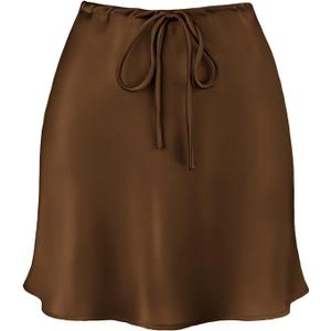 Women's Drawstring Satin Mini Skirt High Waisted Elegant Casual A-Line Flared Silk Short Skirts for Women (Brown) S