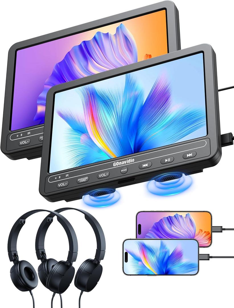 GOnavidio 10.1" Portable DVD Players for Car with HDMI Input, 5-Hour Battery, 2 Headphones, Dual Car DVD Players for Back Seat Support USB/TF Card, Last Memory, Play Same/Different Movies, Region Free