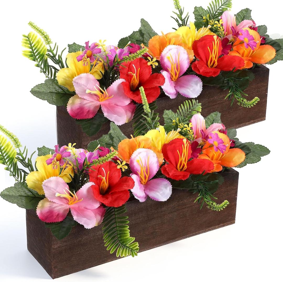 2PCS Artificial Hibiscus Flowers Table Centerpieces in Wooden Box, 11 inch Summer Beach Wood Box with Realistic Hibiscus Fake Floral Decoration for Hawaiian Luau Beach Party Dining Table