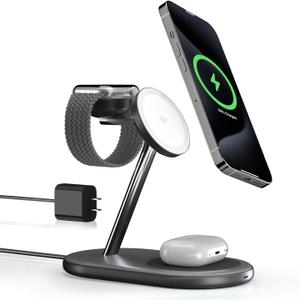 Qi2 3-in-1 Wireless Charging Station, 15W Fast Qi2 Certified Charger, Magnetic Charging Stand for iPhone16/15/14/13 Apple Watch S9 AirPods Multiple Devices with 30W Adapter Included