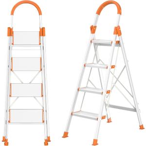 4 Step Aluminum Ladder, Lightweight and Anti-Slip Aluminum Step Ladder, Collapsible Folding Step Stool, Step Ladder 4 Step Folding for Kitchen Warehouse Home Indoor/Outdoor Use (Orange & Silver)