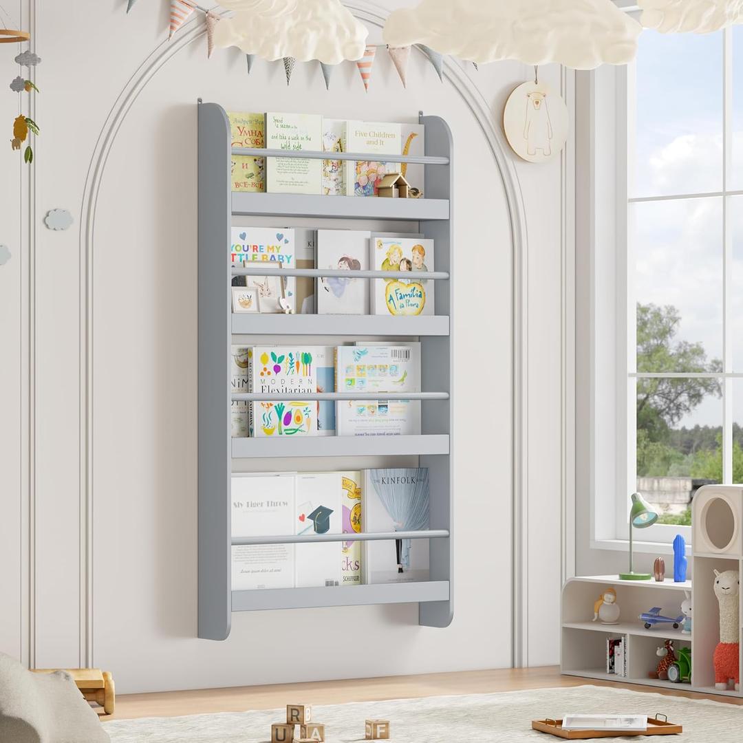 FOTOSOK Kids Bookshelf, Wall Mount 4-Tier Book Shelf Organizer for Toys and Books, Toy Storage Bookshelf in Bedroom, Living Room and Nursery, Grey