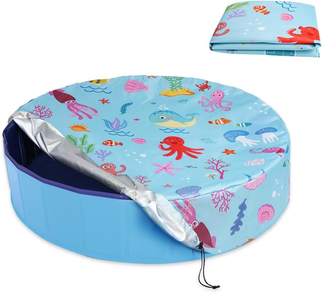 Round Pool Cover 32", Foldable Kiddie Solar Cover Fit Dog Swimming Pool, Pets Kids Bath Tub, Anti-UV Dustproof Safety Pool Covers with Cute Ocean Animals Pattern, Small