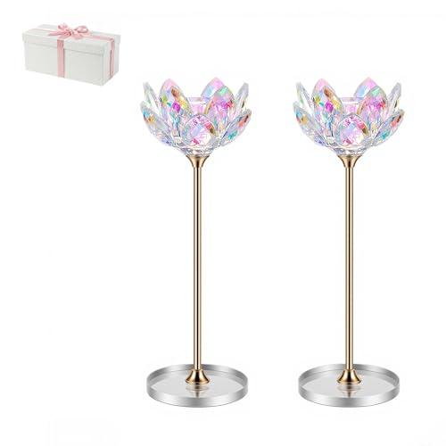 Crystal Candle Holders Set of 2, Lotus Flower Candlestick Holders with Mirror Base, Metal Stand, Elegant Table Centerpieces for Home Decor, Wedding, Party (Taper Candle)