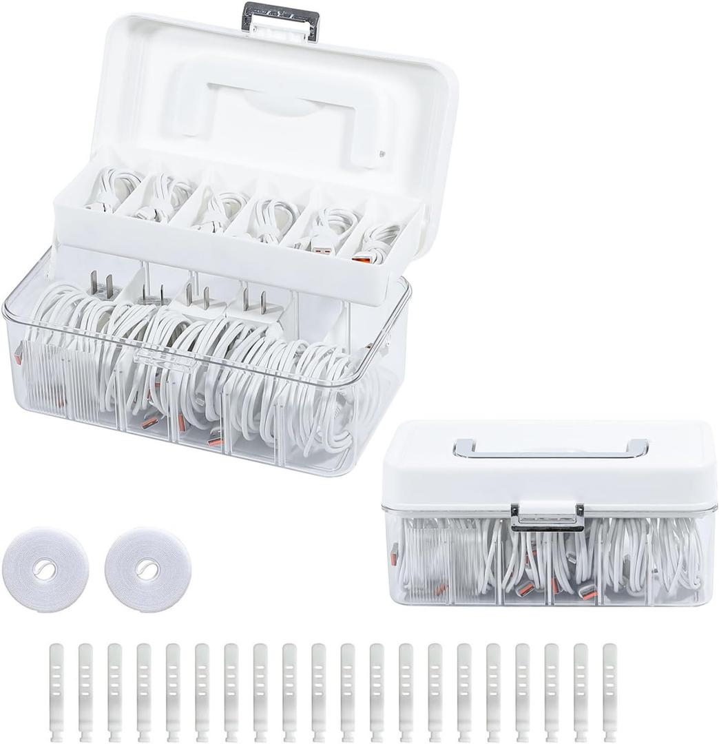 2 Pack Cable Storage Box with Lid, Plastic Cord Organizer Box for Desk Drawer, Large Home Office Supplies Case with Removable Dividers for Phone Charger, Wires, Art Crafts