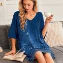 Ekouaer Nightgowns for Women Deep V Neck Sleep Shirt Oversized Night Shirt | Short Sleeve Sleep Dress, Plus Size Sleepwear, Sexy Boyfriend Loungewear, Ladies Soft Night Dress, Home, Daily Wear, Seaside (Blue, XL)