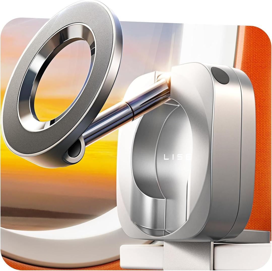 LISEN 360 Magnetic Phone Holder Rotatable Airplane Travel Essentials Phone Holder for Magsafe Car Mount Phone Mount for Flying Accessory for Airplane Travel Must Haves Phone Stand for Desk, Silver