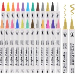 24 Colors Acrylic Paint Markers Pens Set Dual Tip with Fine and Brush for Paper Metal Rock Wood Plastic Canvas Ceramics DIY Crafts Drawing Art Supplies