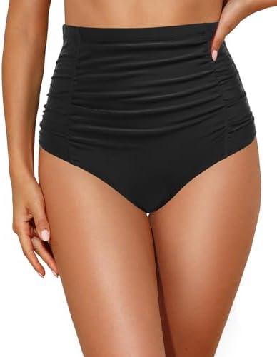 Tempt Me Women's High Waisted Swimsuit Bottom Tummy Control Ruched Bikini Bottom Vintage Swim Bottom Tankini Briefs, Large