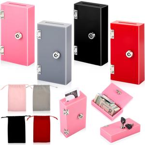 CroBlissful 4 Sets Money Bank Acrylic Box for Gambler Winner Bank Portable Safe Casino Money Box Gift for Gambler Winners Christmas with Key with Velvet Bag to Stop Addictive Urges Grey Black Red Pink