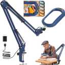 10X Large Magnifying Glass with Light and Clamp, Real Glass, 5 Color Modes, Stepless Dimmable, Lighted Magnifier with Stand Hands Free, LED Swing Arm Desk Lamp for Close Work, Craft, Reading - Blue