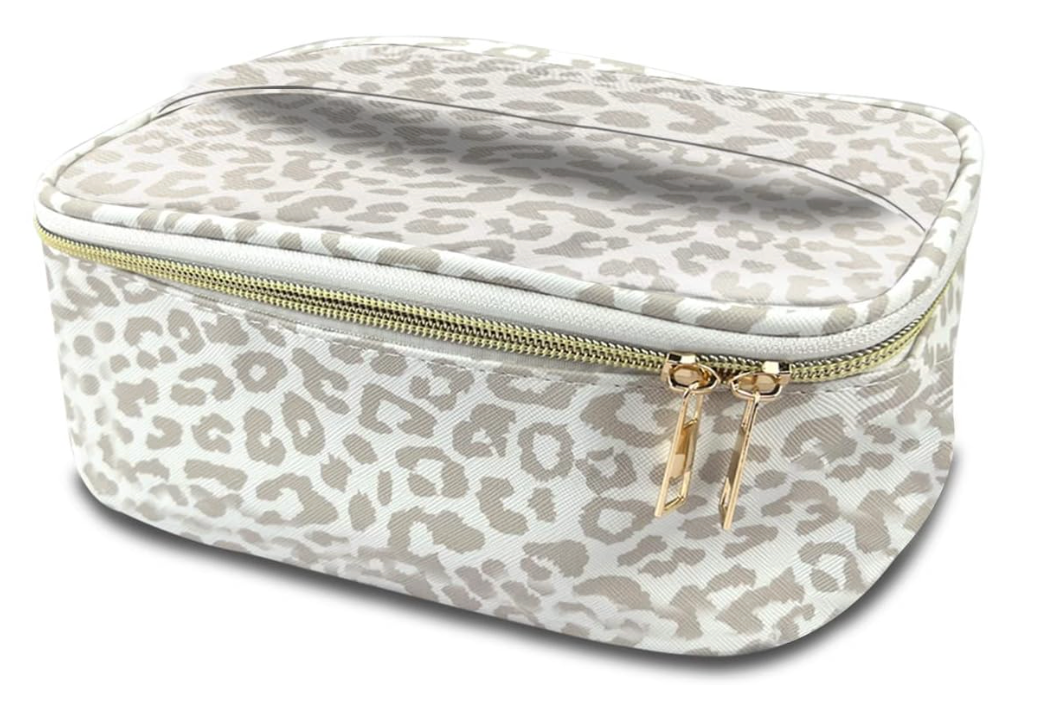 Makeup Bag,Travel Makeup Bag,Makeup Bags for Women,Makeup Brush Bag,Large Capacity PU Cosmetic Bag,Waterproof and Durable-Grey White Leopard Cheetah Pattern, Gray White-B-4