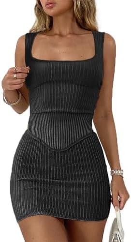 CHYRII Womens Sexy Summer Two Piece Outfits Square Neck Going Out Crop Top Bodycon Skirt Sets Mini Dress, M