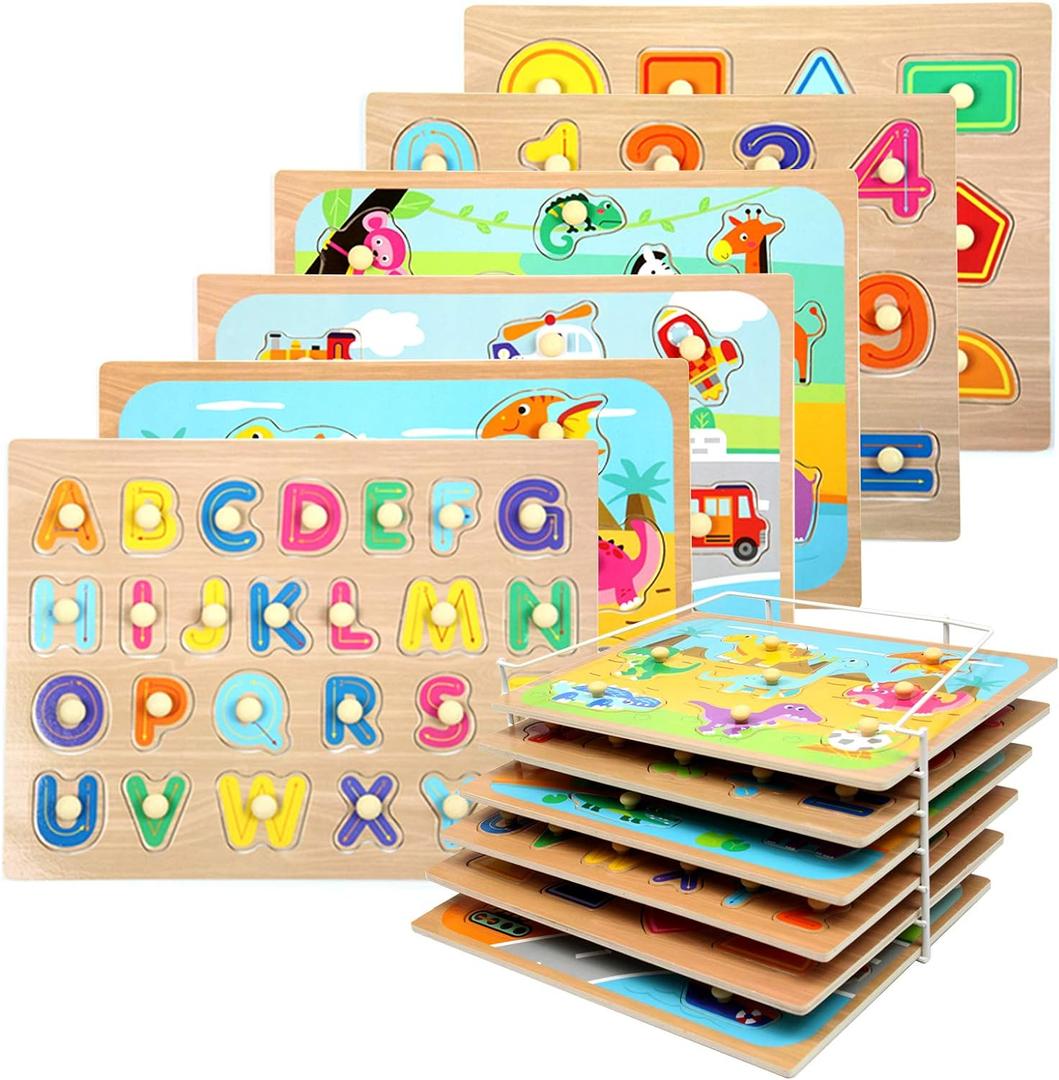 WOOD CITY Toddler Puzzles and Rack Set, Wooden Peg Puzzles Bundle with Storage Holder Rack, Educational Knob Puzzle for Kids Age 2 3 4 Years - Alphabet Number Shape Dinosaur Animal Vehicle