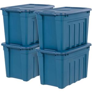 IRIS USA 20 Gallon Eco-Friendly Heavy Duty Storage Totes with Easy-Grip Handles, 4 Pack - Large Bins with Lids Garage Organizing Tubs, Durable Stackable Utility Containers, Made in USA - Navy