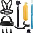 Universal Action Camera Accessories Bundle Head Chest Strap Mount/Selfie Stick/Floating Hand Grip Compatible with Dragon Touch/AKASO EK7000 Brave 4 5 6 7 LE V50X/GoPro Hero 13 12 11 10 9 8 7