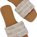 GORGLITTER Women's Summer Beach Flat Cute Sandals 2025 Color Block Faux Pearls Decor Leather Flat Slides (Beige and Brown)