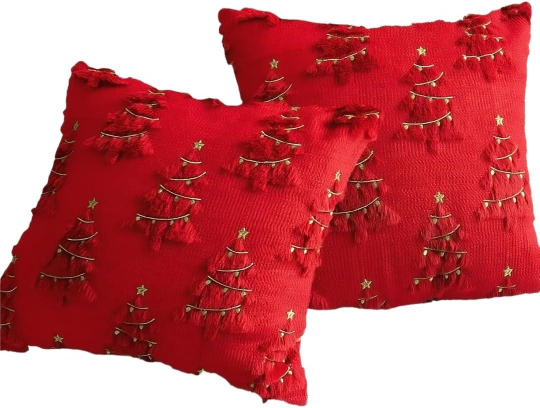 Christmas Tree Pillowcases 18x18 Inches 2 Pieces, 3D Christmas Tree Shaped Artificial Fur Pillowcases, Suitable for Sofas, Living (red 2)