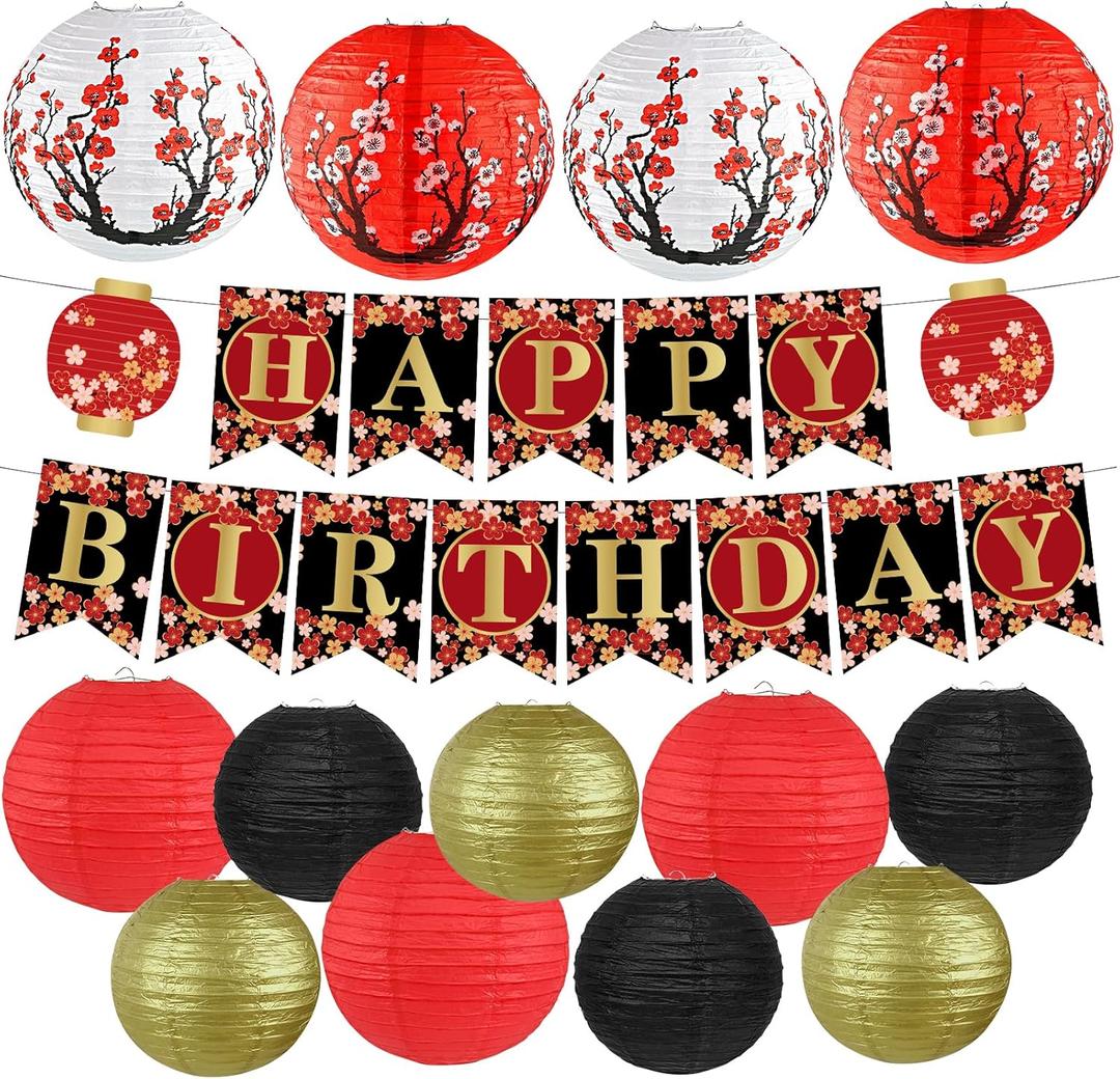 14Pcs Hibachi Party Decorations, Chinese Japanese Party Supplies, Red Black and Gold Birthday Paper Lanterns Kit (8" 10" 12"), Cherry Blossom Banner for Asian Theme & Lunar New Year 2026