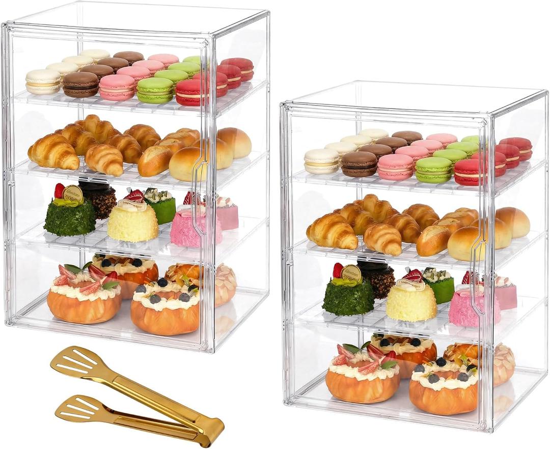 2 Pcs 4-Layer Pastry Display Case with Cake Tong, Adjustable Clear Bread Boxes with Magnetic Door for Kitchen Countertop, Bakery Display 15.7 x 11.4 x 9.8 in