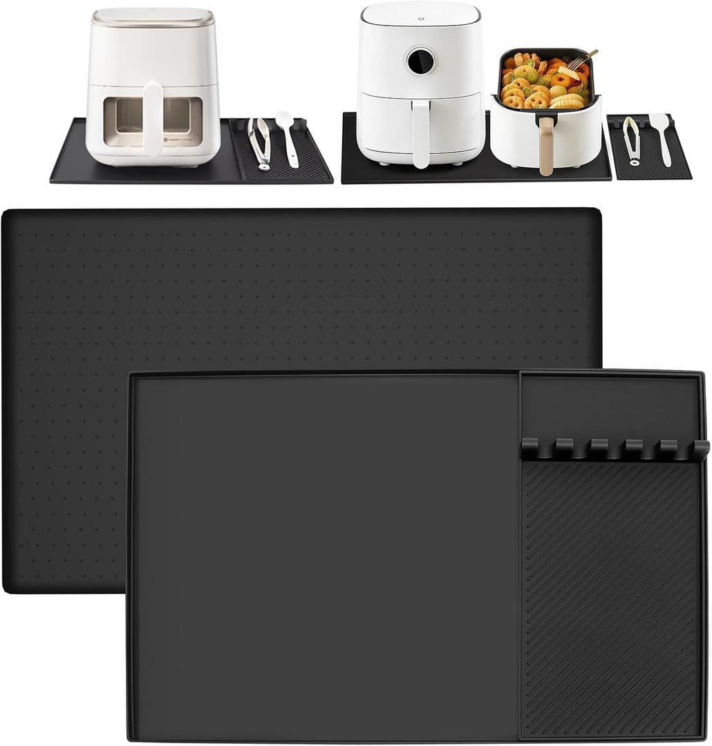 Silicone Heat Resistant Mats for Countertop, 24x16 Inch Air Fryer Mat Set with Detachable Holder Pad, Countertop Protector Mat for for Microwave/Oven,Compatible with Ninja/Cosori/Chefman/Toshiba (23.6" x 15.8", Black)