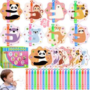 LEASEN Valentines Day Gifts for Kids, 32 Pack Mini Bubble Wands with Valentines Animal Themes Greeting Cards for Kids, Valentine's Day Classroom Exchange Gift Set, Party Favor
