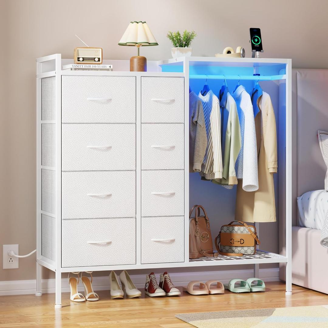 HIGDBFE Dresser with Hanging Rack, 8-Drawer Dresser for Bedroom with Charging Station & LED Lights, Fabric Dressers with Shoe Rack, Chest of Drawers with Wooden Top for Bedroom, White, 11.8" D