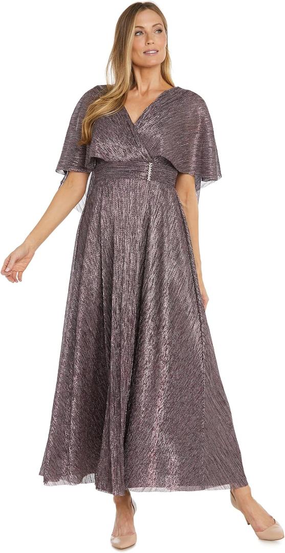 R&M Richards Long Metallic Pleated Capelet Dress W/Mock Surplus Ruched Waist & Rhinestone Details (Purple) 18Plus
