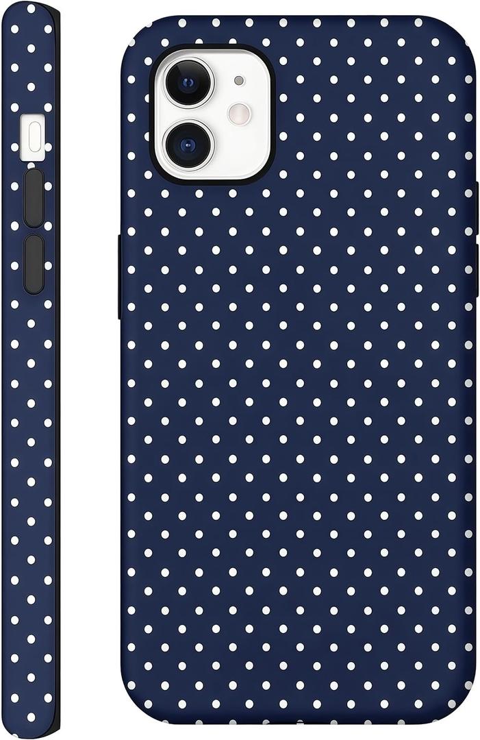 Case for iPhone 12/12 Pro, Glossy Hybrid 2-Layer Hard Shell, Aesthetic Scratch Resistant Cover, Navy Blue Polka Dot