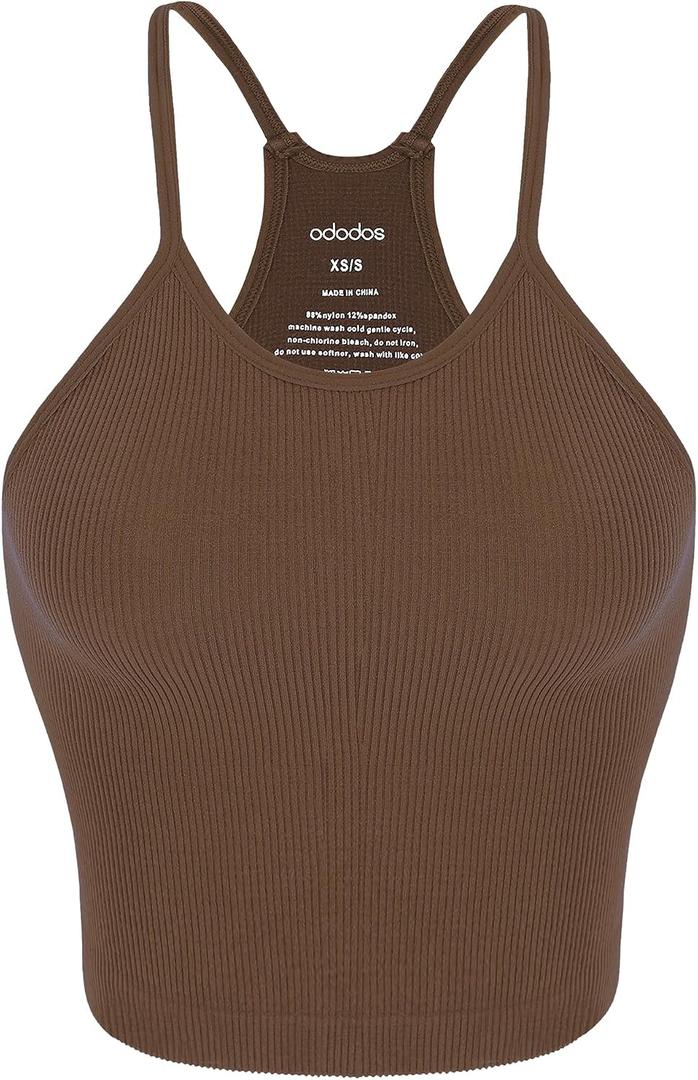 ODODOS Women's Seamless Cami Tops Ribbed Camisole Strappy Racerback Tank Top, Brunette, X-Small/Small (Brown, XS)