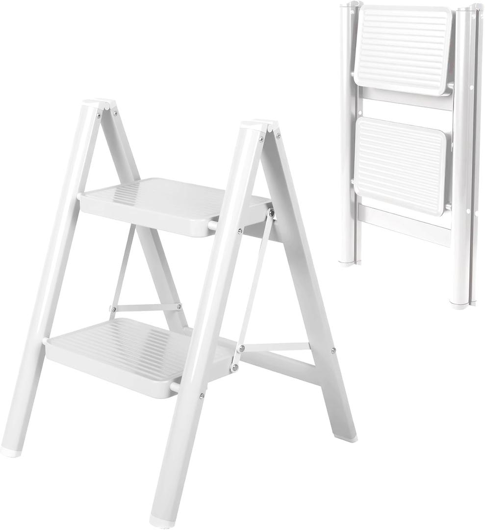 2 Step Ladder, Portable Folding Step Stool with Sturdy Carbon Steel Metal, 330LB Capacity, Non-Slip Wide Pedal, ladders for Home, Kitchen, Closet, Bookshelf, Adult (Milk White)