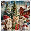 Christmas Cat Shower Curtain Cute Xmas Cat Kitten Colorful Pine Tree Farmhouse Barn Snowflake Funny Winter Holiday 70" WX70 H Bathroom Decor Fabric Curtain with Hooks (Green Brown)