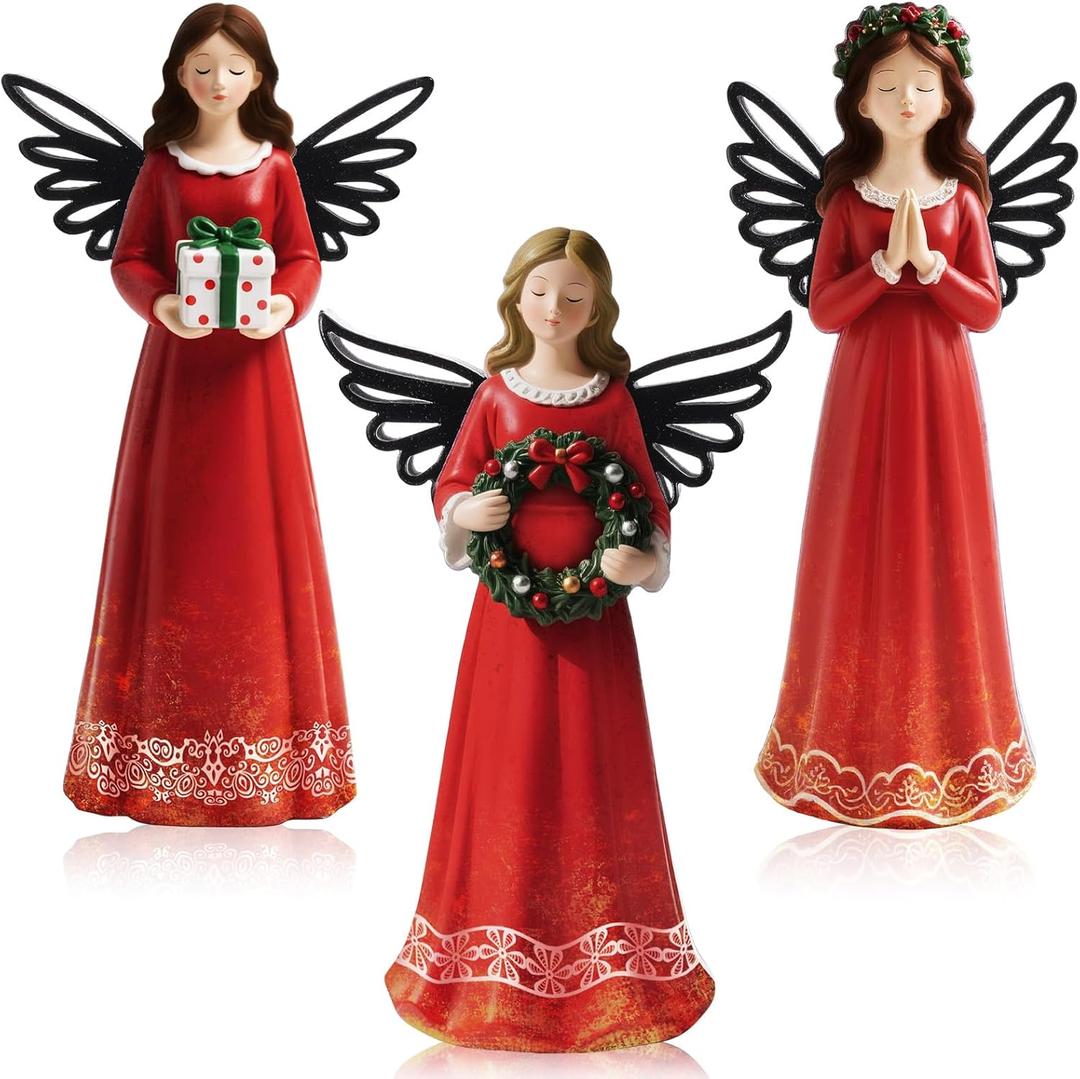 Vercraft 3 Pcs Christmas Angel Figurine Wooden Angel Statues Figurine Christmas Sculpted Wings with Wreath Table Decoration for Xmas Gifts Home Office Decor Party Supplies