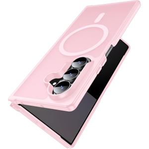 MAKAVO Magnetic for Samsung Galaxy Z Fold 7 Case [Compatible with MagSafe] Slim Translucent Matte Hard Back Cover & Soft Bumper, Fold7 Silicone Shockproof Phone Case, Pink