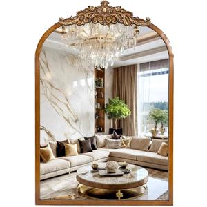 Vintage Arched Wall Mirror 24"x36", Antique Gold Baroque Ornate Mirror with Antique Brass Frame, Decorative French Style Vanity Mirror for Bathroom, Living Room, Entryway, Fireplace
