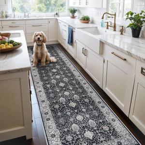 Hallway Washable Runner Rug - 3x10 Kitchen Rugs Entryway Rug Runner Vintage Soft Floor Mat Non Slip Indoor Farmhouse Carpet for Bathroom Living Room Bedroom (3 X 10, Black)