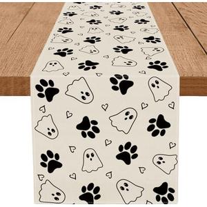 QIONG MENG Halloween Table Runner Ghost Dog Paw Burlap Table Decoration Holiday Home Party Kitchen Dining Table Supplies 13x90 Inch