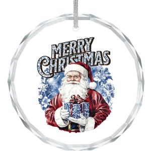 ZOFGUO Blue Chinoiserie Christmas Santa Ornament, Grandmillennial Santa Gift Box Clear Christmas Ornaments Decorations, Vintage Xmas Decorative Hanging Glass Ornament for Xmas Tree Car Holiday Decor