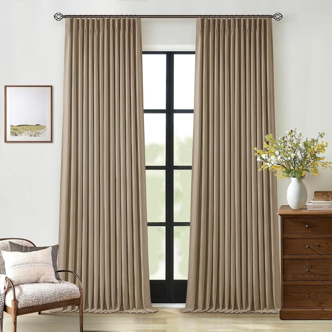 Tan Brown Pleated Linen Blackout Curtains 90 Inches Long for Bedroom Living Room Pinch Pleat Black Out Thermal Insulated Ring Hooks Back Tab Room Darkening Drapes Coffee Color Curtains with Liner, 40"W x 90"L (Pack of 2)