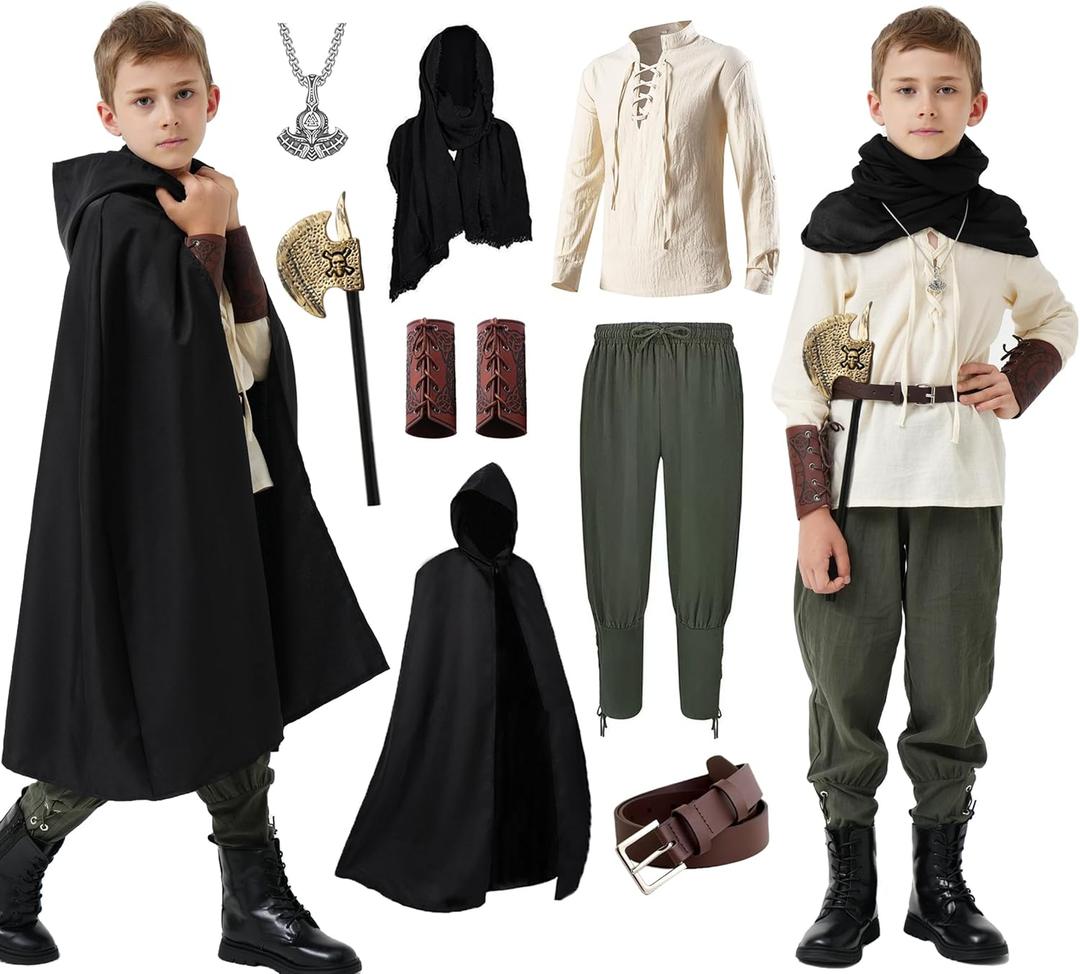 8 Pcs Medieval Costume for Boys Renaissance Viking Pirate Tunic Outfit for Kids (12-14 Years, Green)