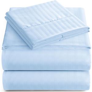 Queen Sheet Set - 4-Piece Striped Queen Size Bed Sheets - Soft & Cooling Deep Pocket Queen Bed Sheet Set - Wrinkle-Free Microfiber Bedding with 1 Fitted Sheet, 1 Flat Sheet, 2 Pillowcases (Blue)