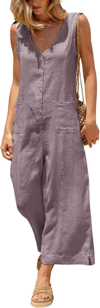 Yeokou Women Button Down Jumpsuits Cotton Linen Sleeveless Casual Wide Legs Rompers Loose Overall with Pockets (Small, Purple)