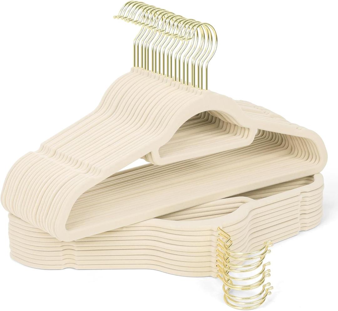 Sishynio Premium Velvet Hangers 30 Pack with Gold Hooks, NonSlip, Space Saving Felt Clothes Hangers, Sturdy Slim Flocked Hanger for Dresses, Coats, Tie and Pants(Beige)