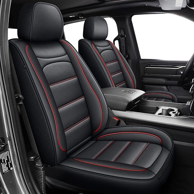 Seat Covers Fit for Dodge RAM 1500 2002-2025 2026: Compatible with RAM 1500 2500 3500 Crew Double Quad Cab Truck Pickup Car Seat Cover Faux Leather Seat Covers(Flat Bench, Front Pair, Redline)