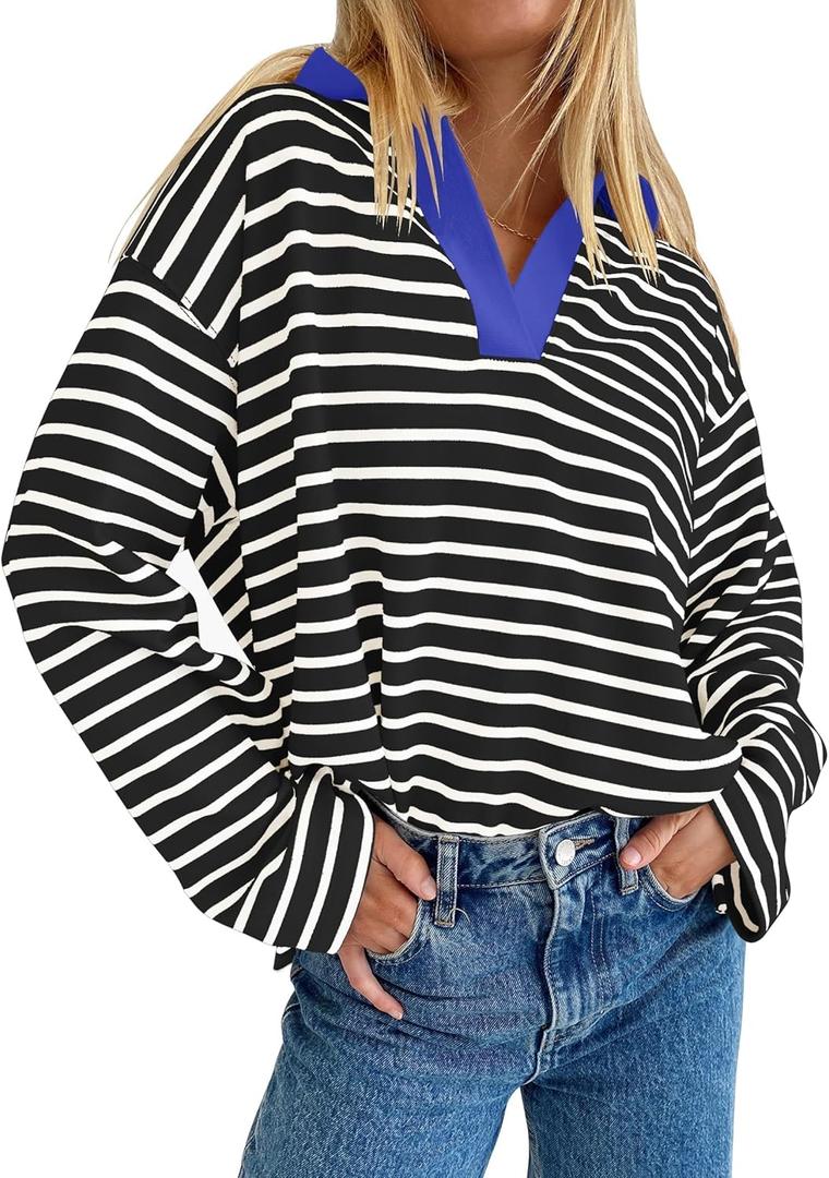 ZESICA Womens Striped Long Sleeve Tops Oversized Sweatshirt V Neck Loose Fit Tunic Tops Spring Casual Blouses (Black, S)