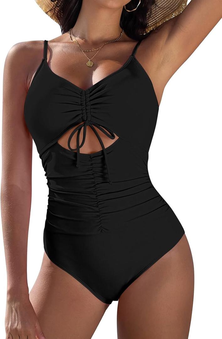 Pink Queen Women's One Piece Bathing Suit Tummy Control Drawstring Swimsuit V Neck Cutout Ruched Pool Party Swimwear Black X-Large